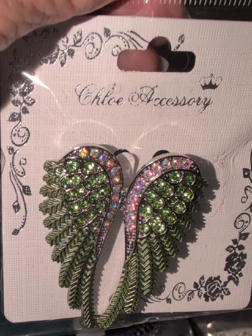 Silver And Green Wing Crystal Brooch - Picture 3 of 3